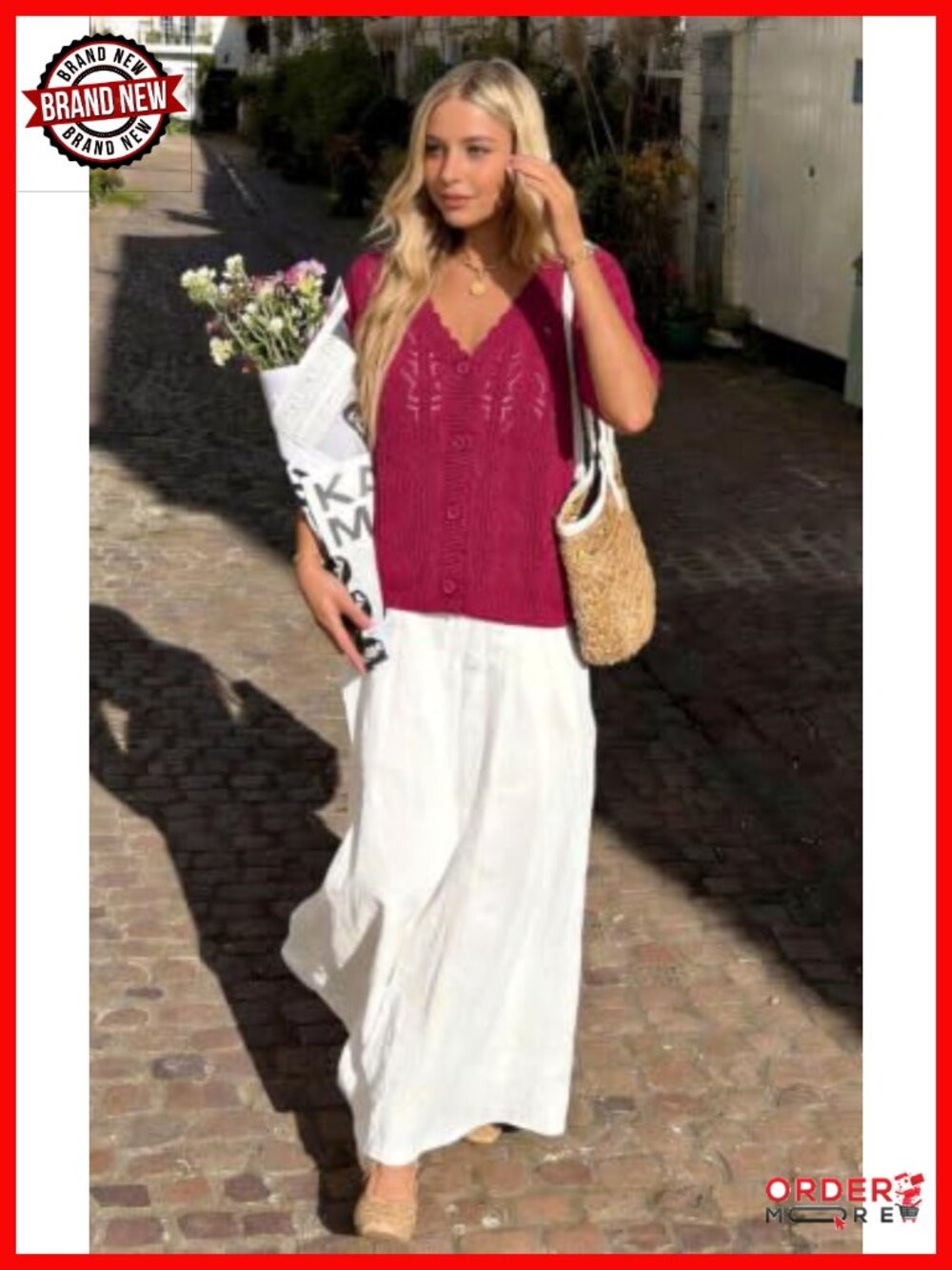 Crochet Knit V Neck Button Up Cardigan Short Sleeve Lightweight - Picture 4 of 6